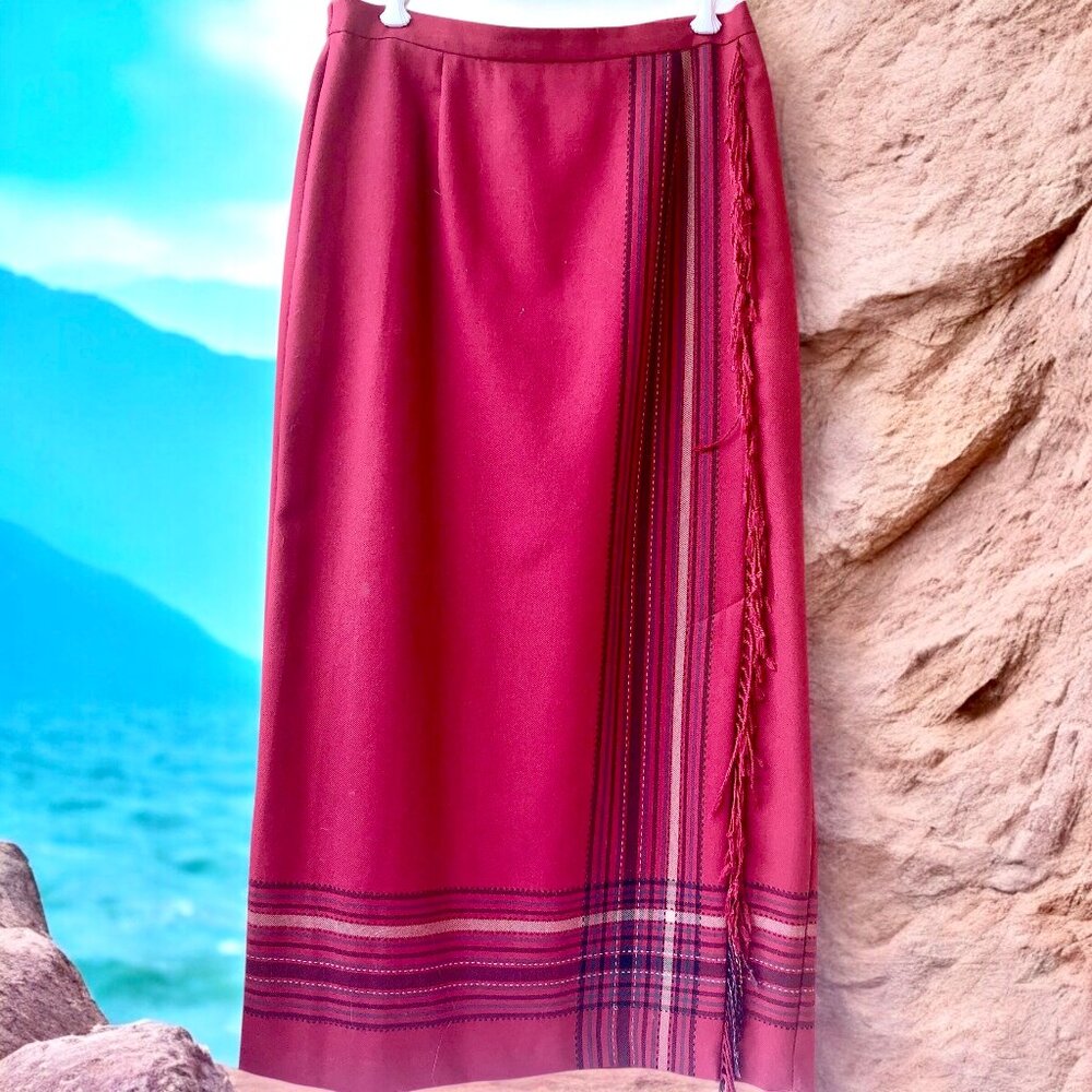 Requirements Vintage 80's Midi Red Skirt Aztec Print Side Fringe Slit Womens 10